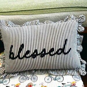 Broyhill "Blessed" Decorative Pillow Cotton Fabric Blue White Decor Lumbar